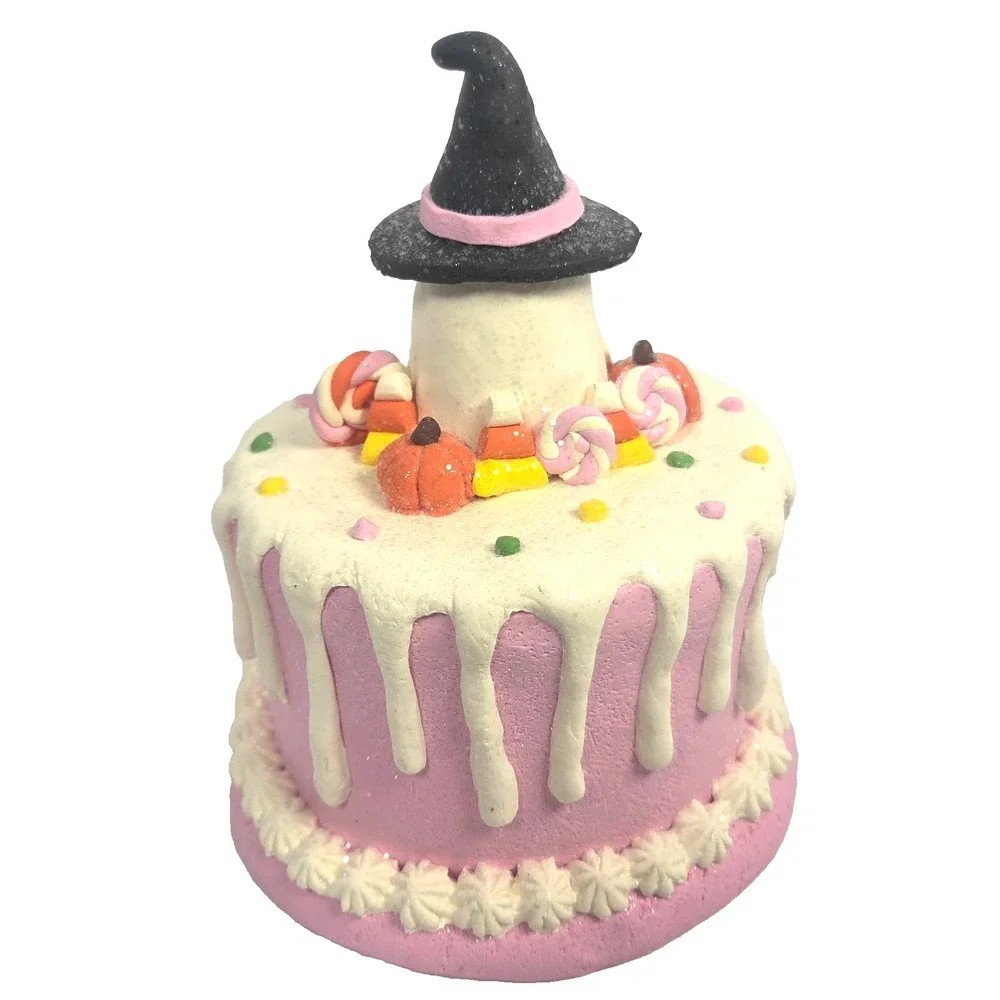 Pink Ghost Halloween Cake Figurine Witch Hat Candy Pumpkin Spider Shelf Decor